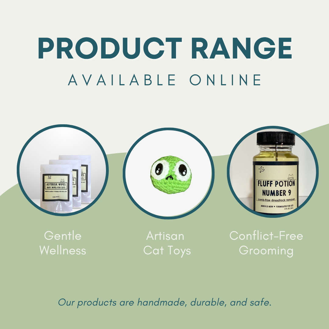 Product range banner with images of 'Gentle Wellness', 'Artisan Cat Toys', and 'Conflict-Free Grooming' categories.