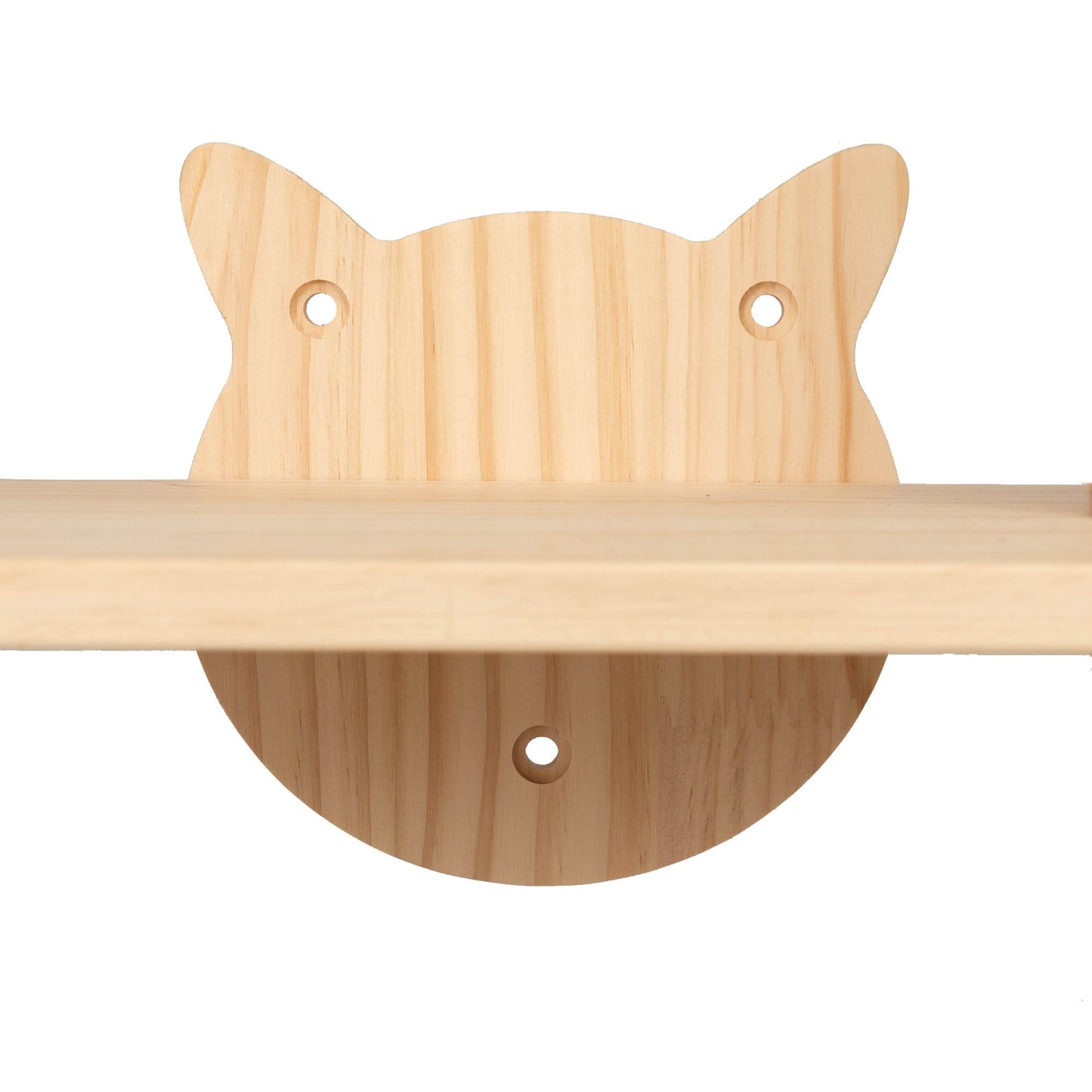 Detail of the cat-eared wooden backrest perched behind an upper platform on The Vertical Nesting Tree, adding a subtle feline flourish to the sleek pine structure while offering light visual framing.