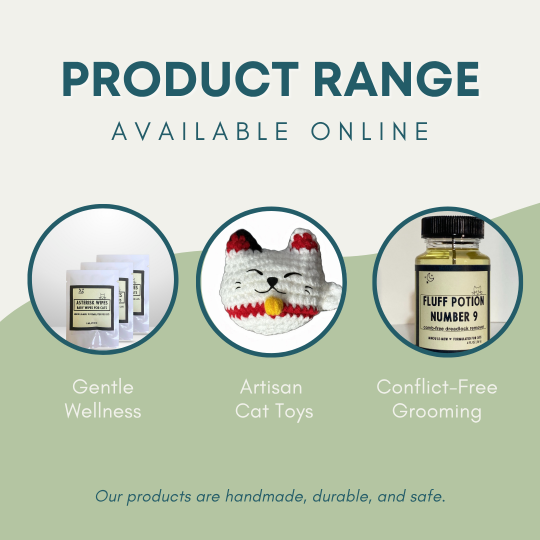Product range available online with images and text on a light green background