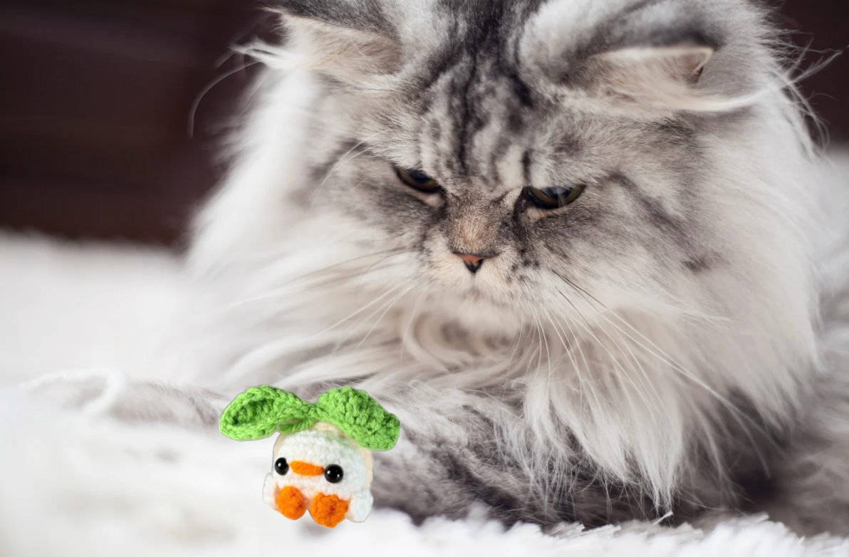 fluffy gray longhaired cat playing with the Chunkle Puff named Gus in his peach suit