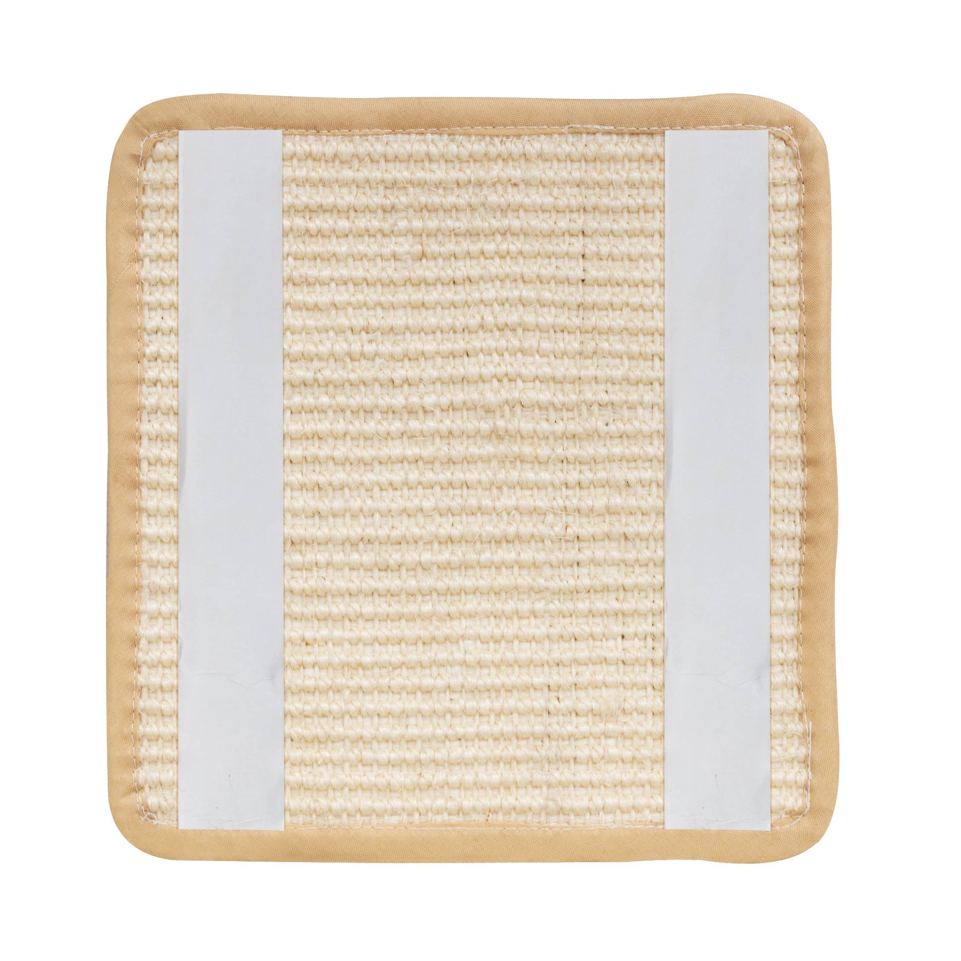 Back view of the removable sisal scratching pad from The Vertical Nesting Tree, featuring two wide adhesive strips for effortless, secure attachment to any platform. Beige border frames the woven texture.