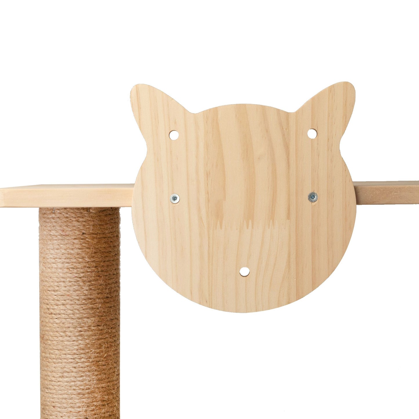 Close-up of the top platform on Feline Hollow: The Vertical Nesting Tree, featuring a smooth pine headrest in the shape of a cat’s head. A minimalist nod to feline royalty, designed for surveying one’s kingdom in quiet comfort.