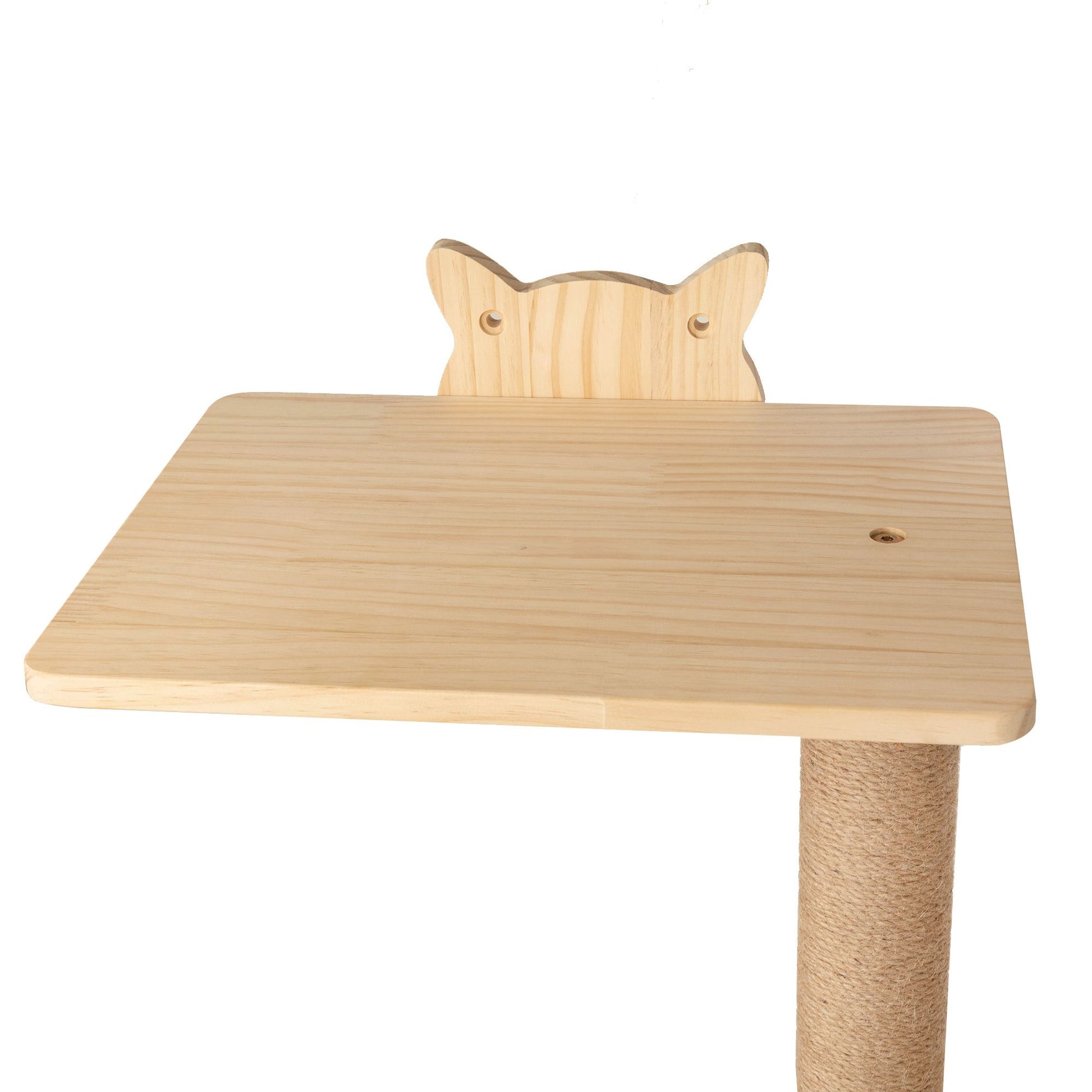 Mid-level platform of The Vertical Nesting Tree, crafted from pale pine with a subtle cat-head backrest. A spacious, serene landing ideal for lounging between climbs or observing lesser beings from a safe elevation.