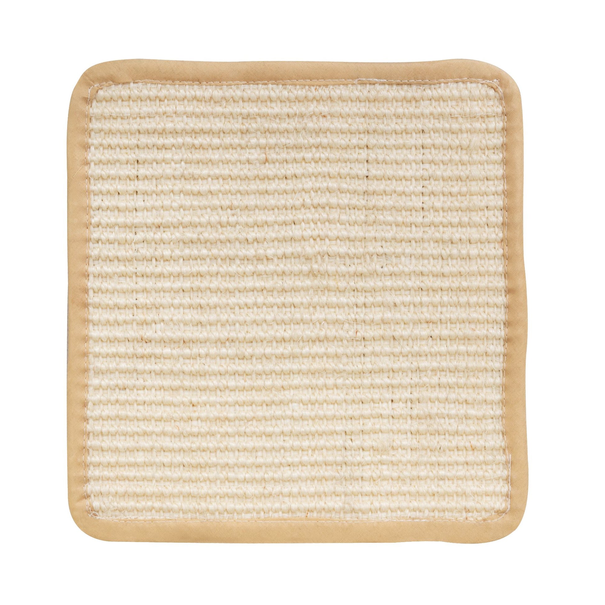 Close-up of the sisal-wrapped scratch pad from The Vertical Nesting Tree, featuring a tightly woven, cream-colored surface bordered in beige cotton trim—designed to satisfy clawing urges without compromising aesthetics.