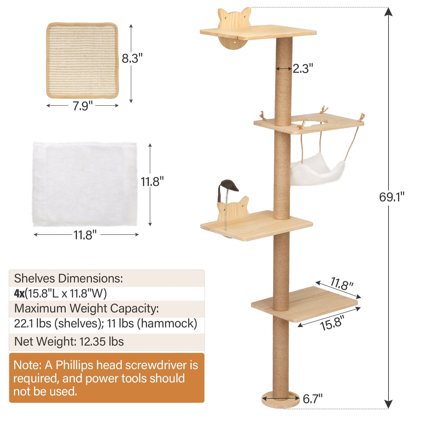 Measurement chart for The Vertical Nesting Tree, a 69.1-inch wall-mounted cat tower with four wooden shelves, a jute-wrapped scratching post, hammock, and spring toy. Includes shelf, hammock, and sisal pad dimensions, max weight limits, and assembly notes.