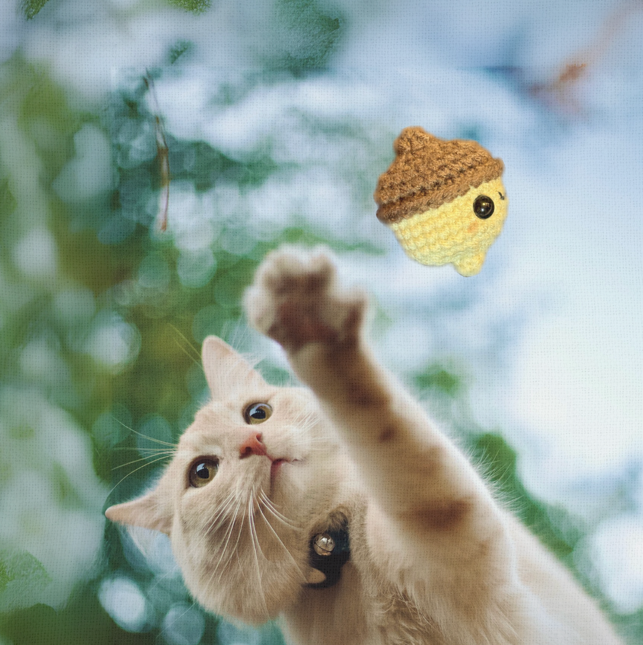 Cat playing with Augie the Acorn, a handmade Chunkle Puff catnip toy from Feline Grove. The woven acorn toy is batted and carried, demonstrating playful autumn harvest charm and irresistible botanicals.