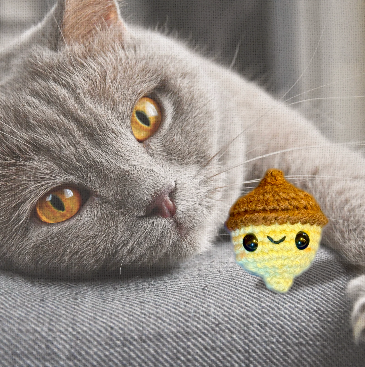 Cat lounging with Augie the Acorn, a handmade Chunkle Puff catnip toy by Feline Grove. The woven acorn rests beside the cat, emphasizing softness, durability, and woodland-inspired play appeal.