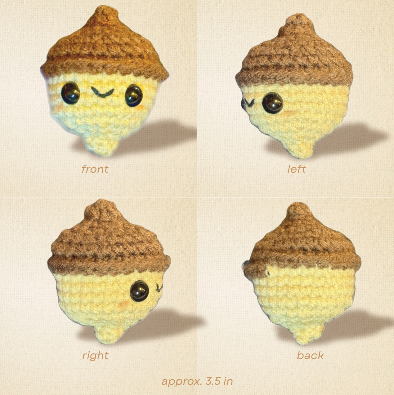 Detail image of Augie the Acorn, a handmade Chunkle Puff catnip toy by Feline Grove. Multiple angles show his woven acorn cap, body texture, and stitching, emphasizing boutique quality and harvest charm.