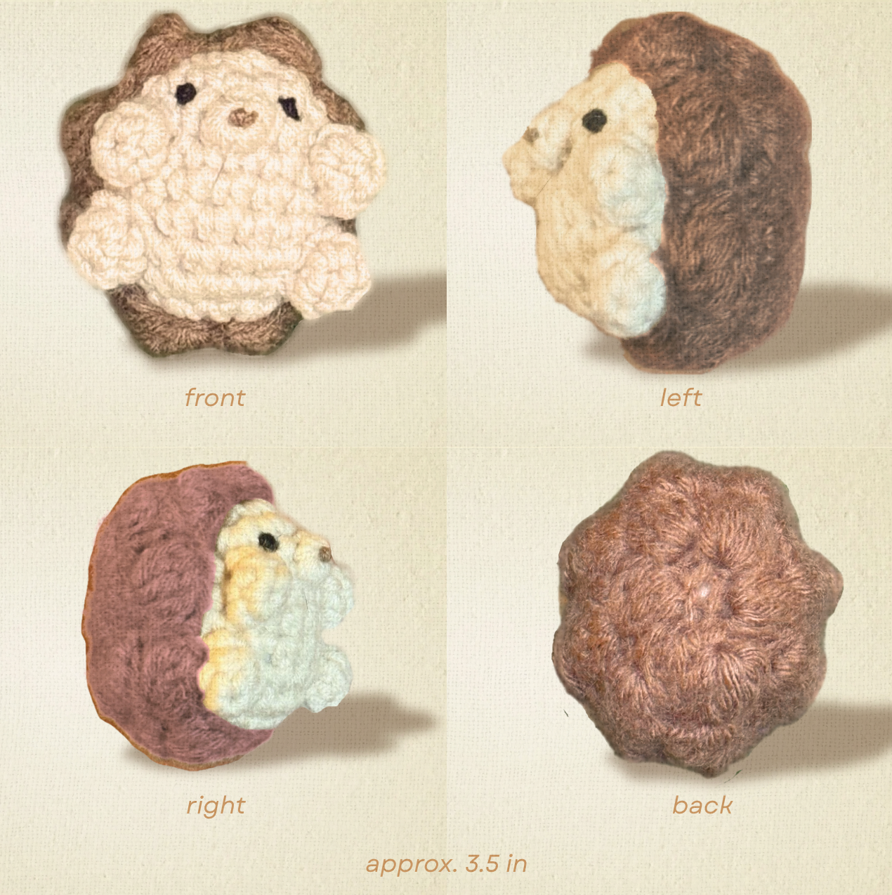 Detail image of Harold the Hedgehog, a handmade Chunkle Puff catnip toy by Feline Grove. Multiple angles show his woven fibers, hedgehog form, and stitching, emphasizing artisanal quality and boutique woodland design.