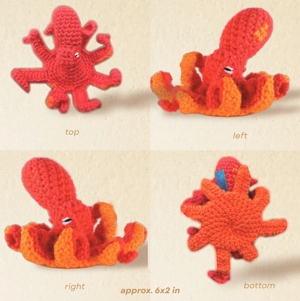 Detail image of Julie the Kraken, a handmade Chunkle Puff catnip toy by Feline Grove. Multiple angles show her woven texture, octopus shape, and tentacle stitching, emphasizing artisanal quality and refined design.
