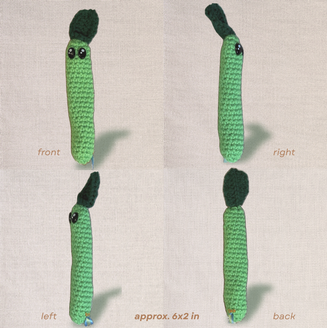 Detail image of Leaf Stick, a handmade Chunkle Puff catnip toy by Feline Grove. Multiple angles show her woven fibers, leaf shape, and crinkle-filled body, emphasizing artisanal texture and boutique quality.