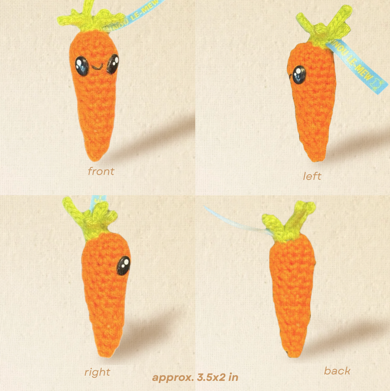 Detail image of Lulu the Carrot, a handmade Chunkle Puff catnip toy by Feline Grove. Multiple angles show her woven texture, stitching, and refined carrot form, emphasizing artisanal quality and boutique design.