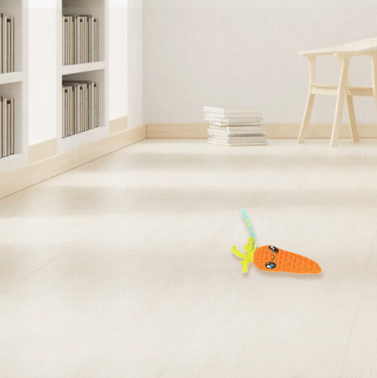 Lifestyle photo of Lulu the Carrot, a handmade Chunkle Puff catnip toy by Feline Grove. Shown in a refined interior with soft linen background, presenting her as a luxury harvest-inspired piece that fits elegant homes.