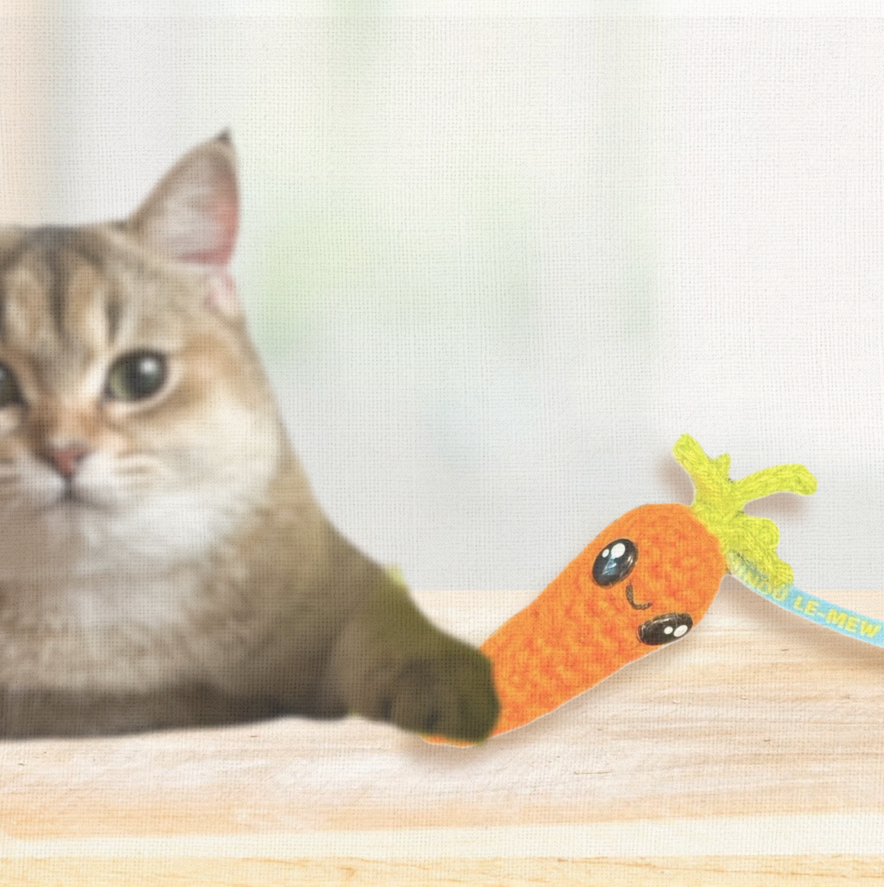 Lulu the Carrot, a handmade Chunkle Puff catnip toy measuring 3.5 inches, shown beside a familiar object for scale. Feline Grove toy highlights luxury craftsmanship and small, tossable size for cats.