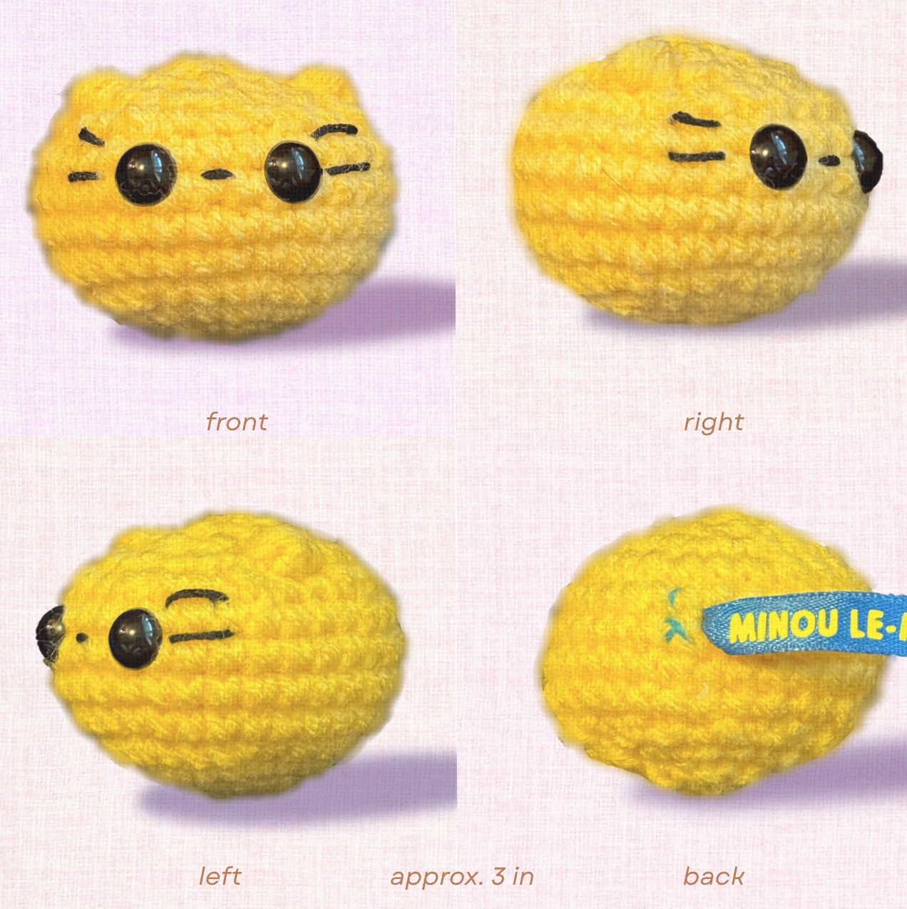 Detail image of Pippa the Chonk, a handmade weighted Chunkle Chunk catnip toy by Feline Grove. Multiple angles show her woven fibers, round chonk shape, and stitching, emphasizing artisanal quality and boutique design.