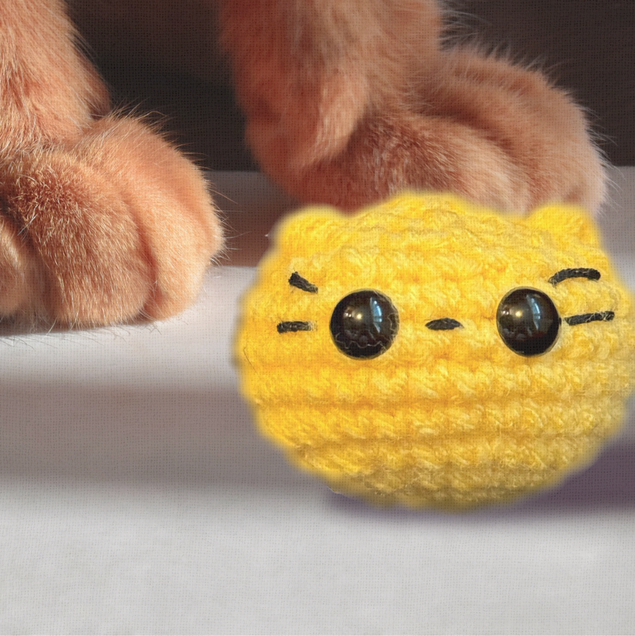 Pippa the Chonk, a handmade weighted Chunkle Chunk catnip toy by Feline Grove, shown beside a familiar object for scale. Weighted plush round form highlights her substantial feel and boutique detail.