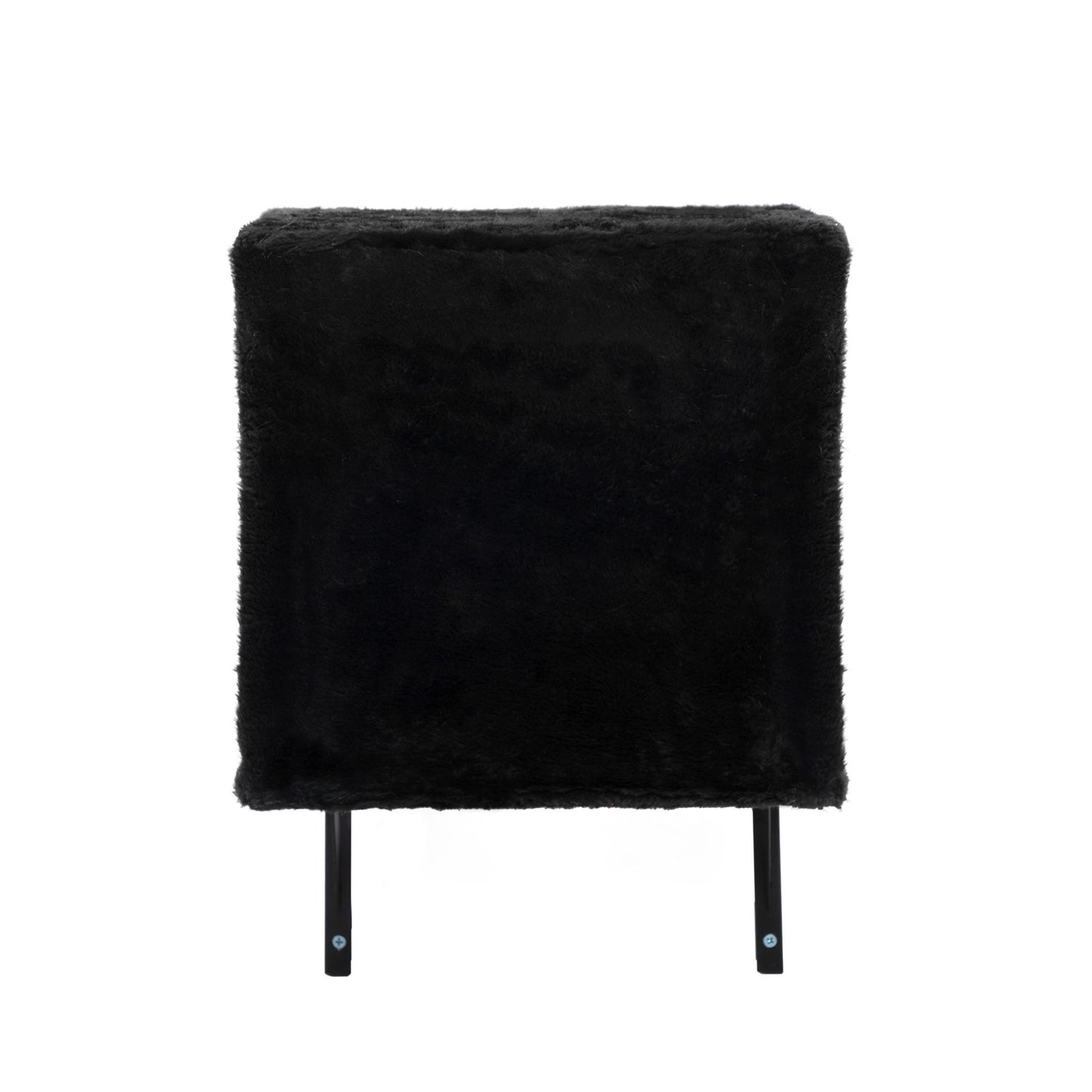 Front view of The Grove Set’s plush black cubby perch, supported by slim black metal brackets. A soft, box-like structure designed to offer privacy and height in a minimalist, wall-mounted form.