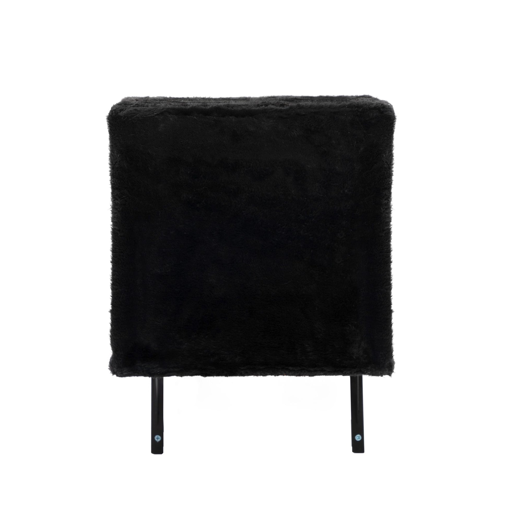 Front view of The Grove Set’s plush black cubby perch, supported by slim black metal brackets. A soft, box-like structure designed to offer privacy and height in a minimalist, wall-mounted form.