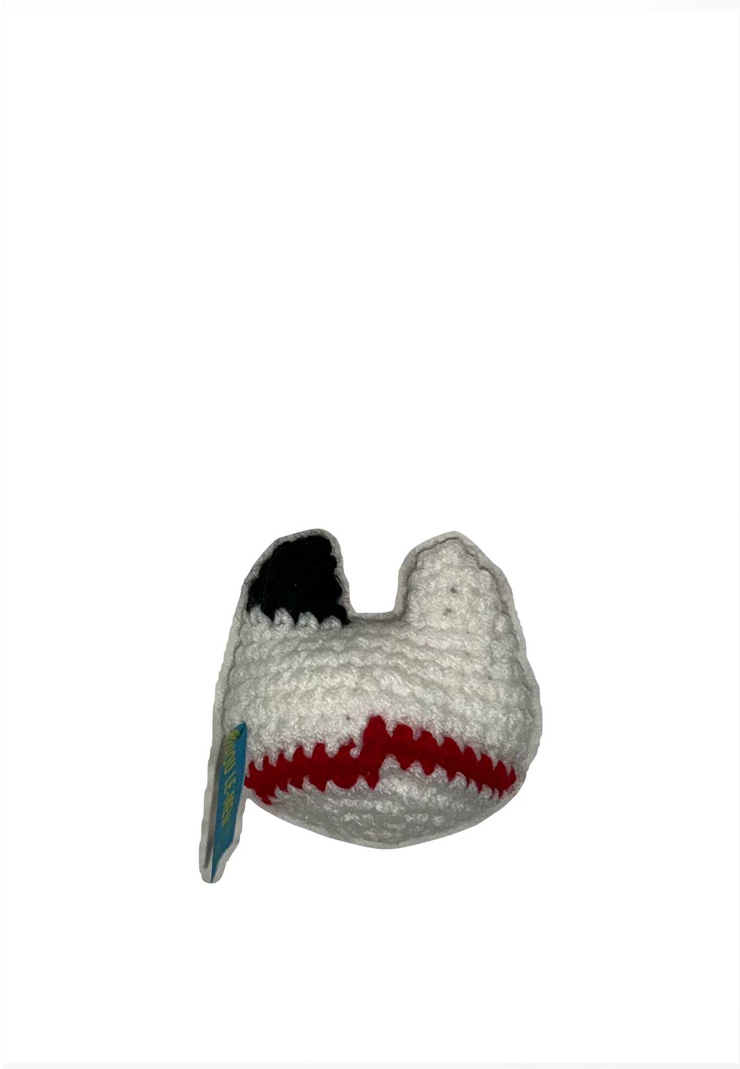 Rear view of a crocheted chunkle chunk lucky cat cat toy on a white background