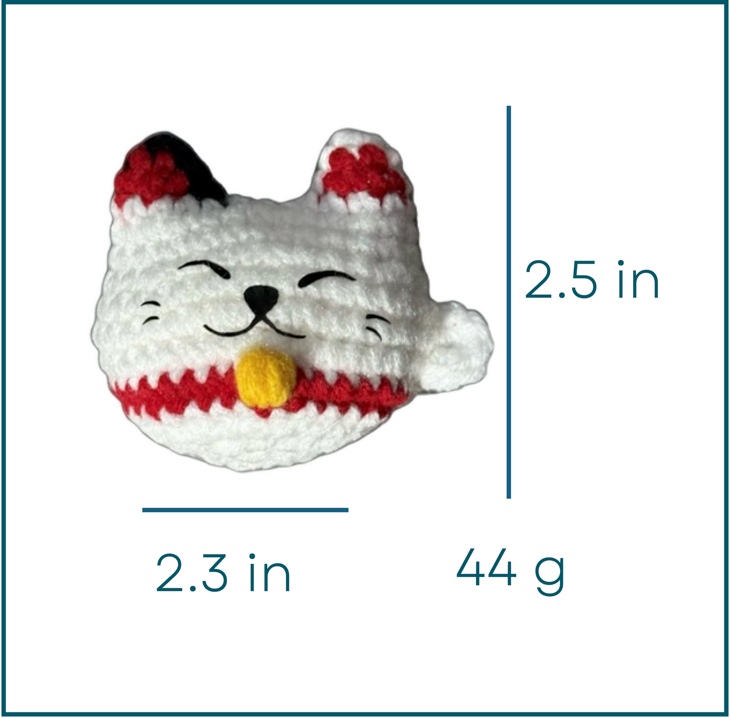 Crocheted lucky cat shaped Chunkle Chunk cat toy with measurements on a white background
