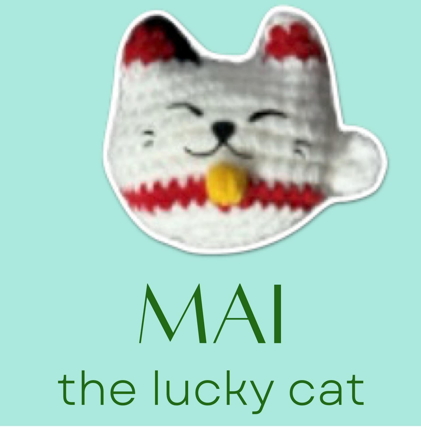 Crocheted lucky cat shaped Chunkle Chunk cat toy n a light blue background
