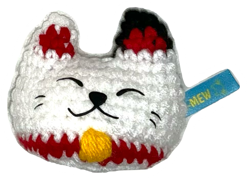 Plush Chunkle cat toy shaped like a lucky cat with red accents and a yellow nose on a white background