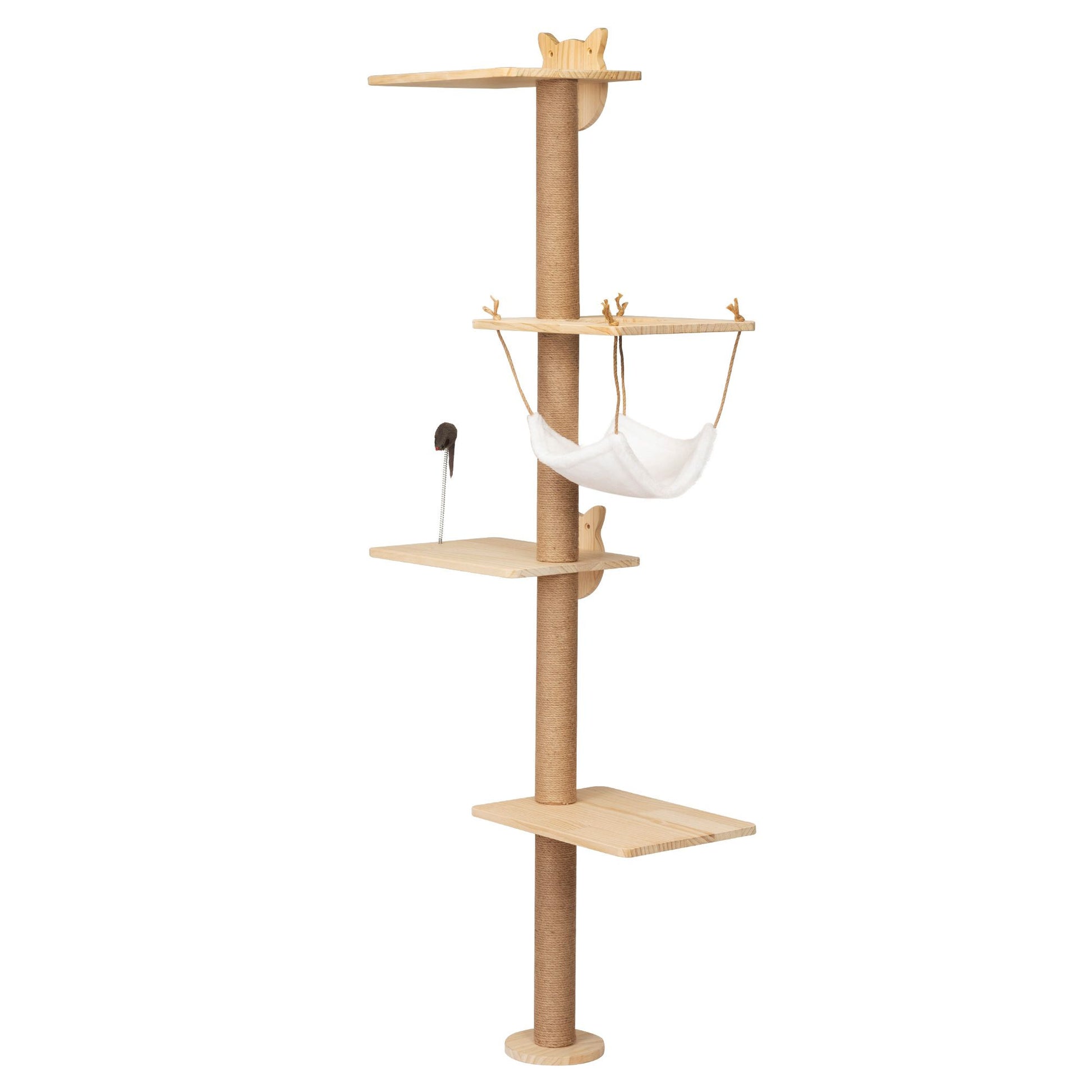 Angled view of the Feline Hollow Vertical Nesting Tree featuring a pinewood structure with four staggered platforms, a white fabric hammock, a spring-mounted toy, and a tall sisal-covered post for scratching and climbing.