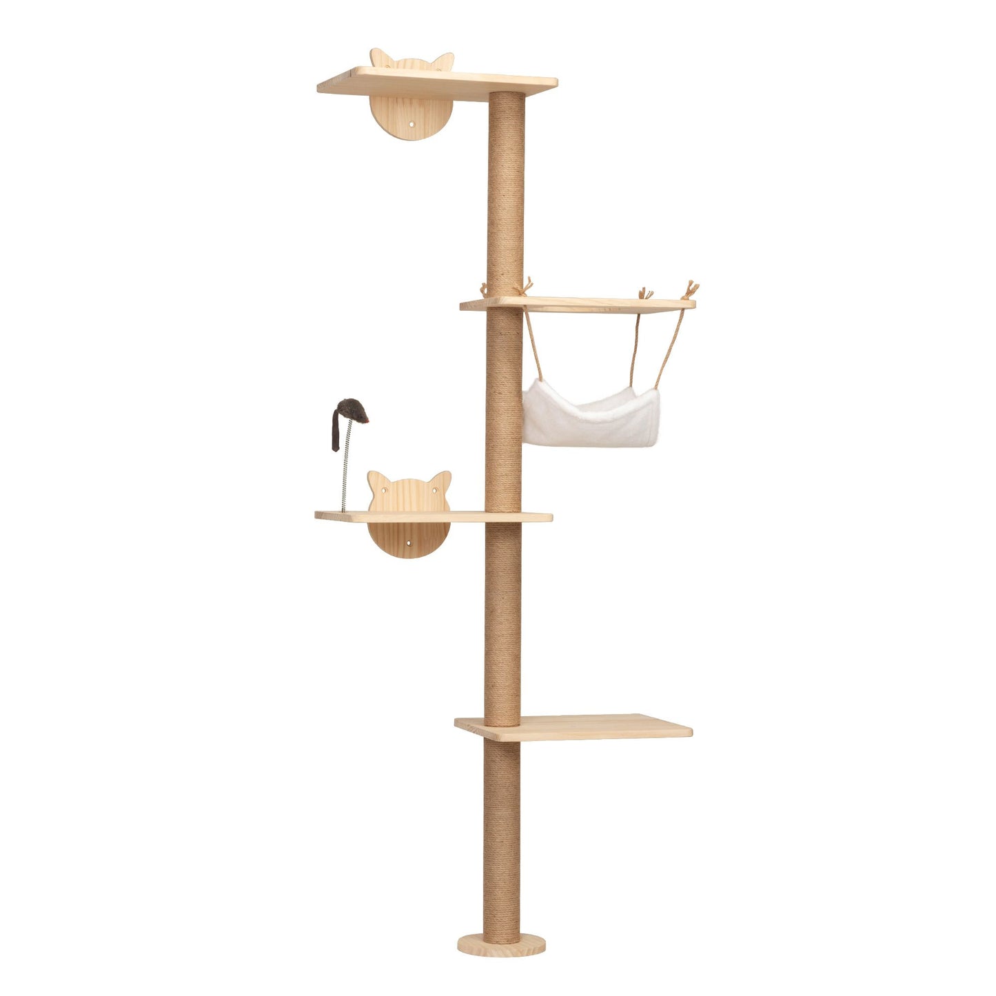 Front view of the Feline Hollow Vertical Nesting Tree in burlywood pine with four leveled platforms, a hanging hammock, spring toy, and sisal-wrapped post—crafted for wall-mounted lounging and climbing.