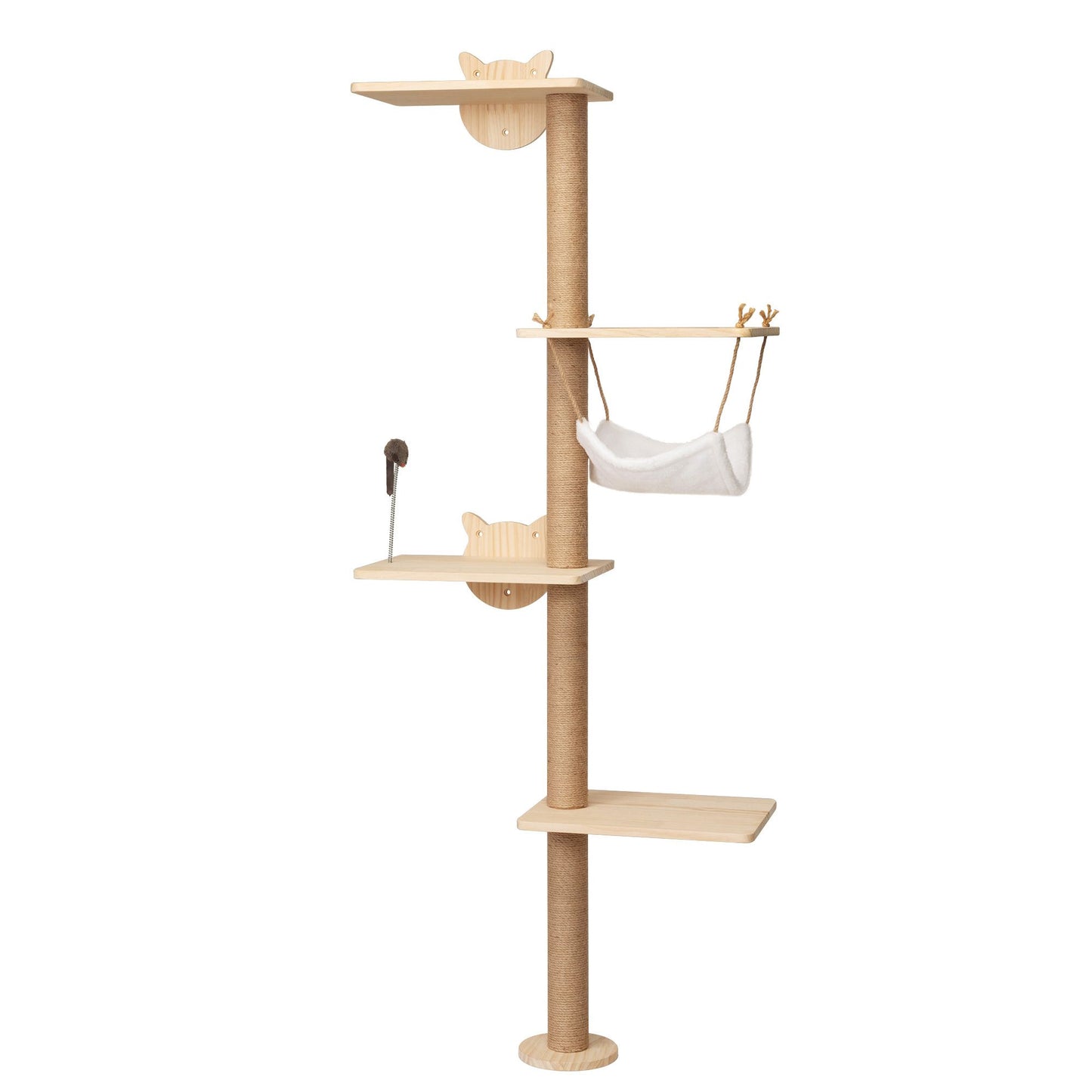 Feline Hollow Vertical Nesting Tree shown in full: a burlywood-toned pine tower with four staggered platforms, a white fabric hammock, sisal-wrapped post, and spring-mounted toy, designed for wall mounting.