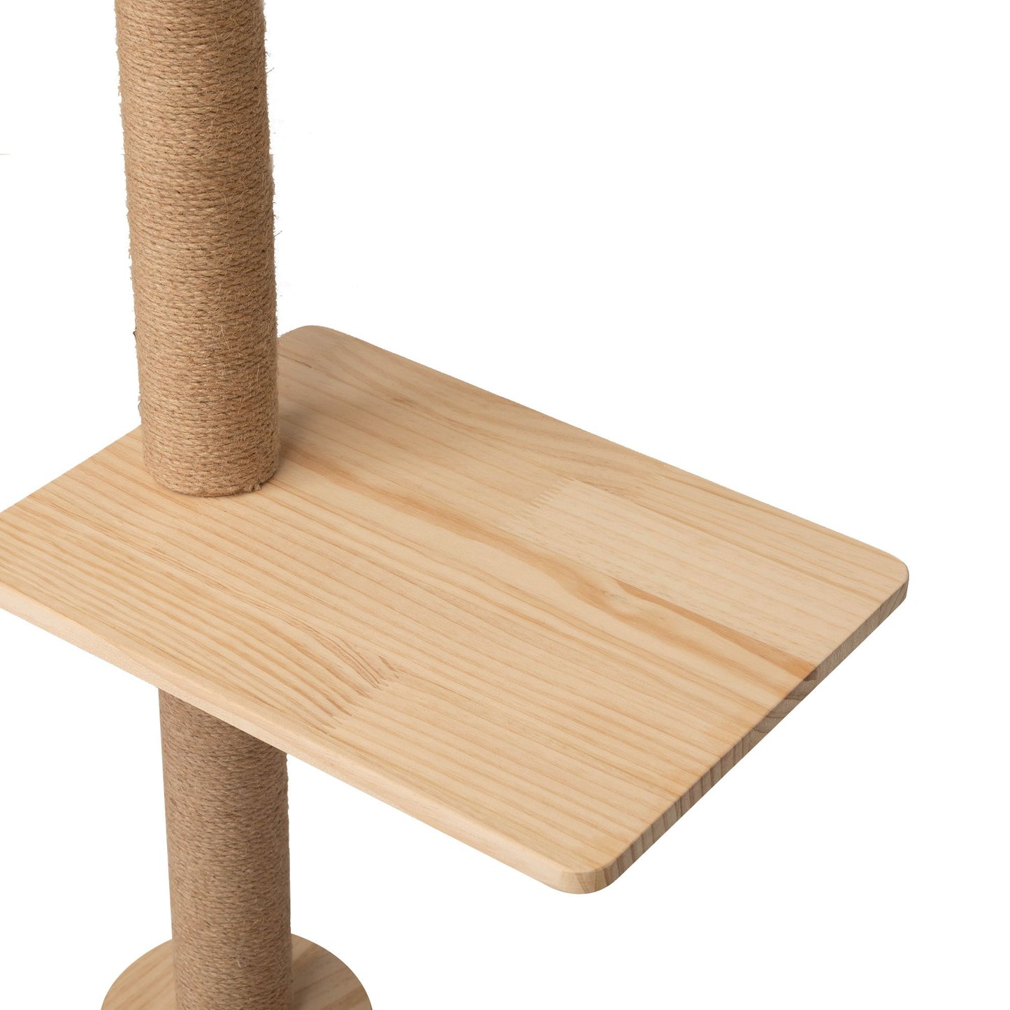 Detail of one of the Feline Hollow Vertical Nesting Tree’s smooth pine platforms, showcasing natural wood grain and rounded edges, designed for lounging, perching, and easy movement between levels.