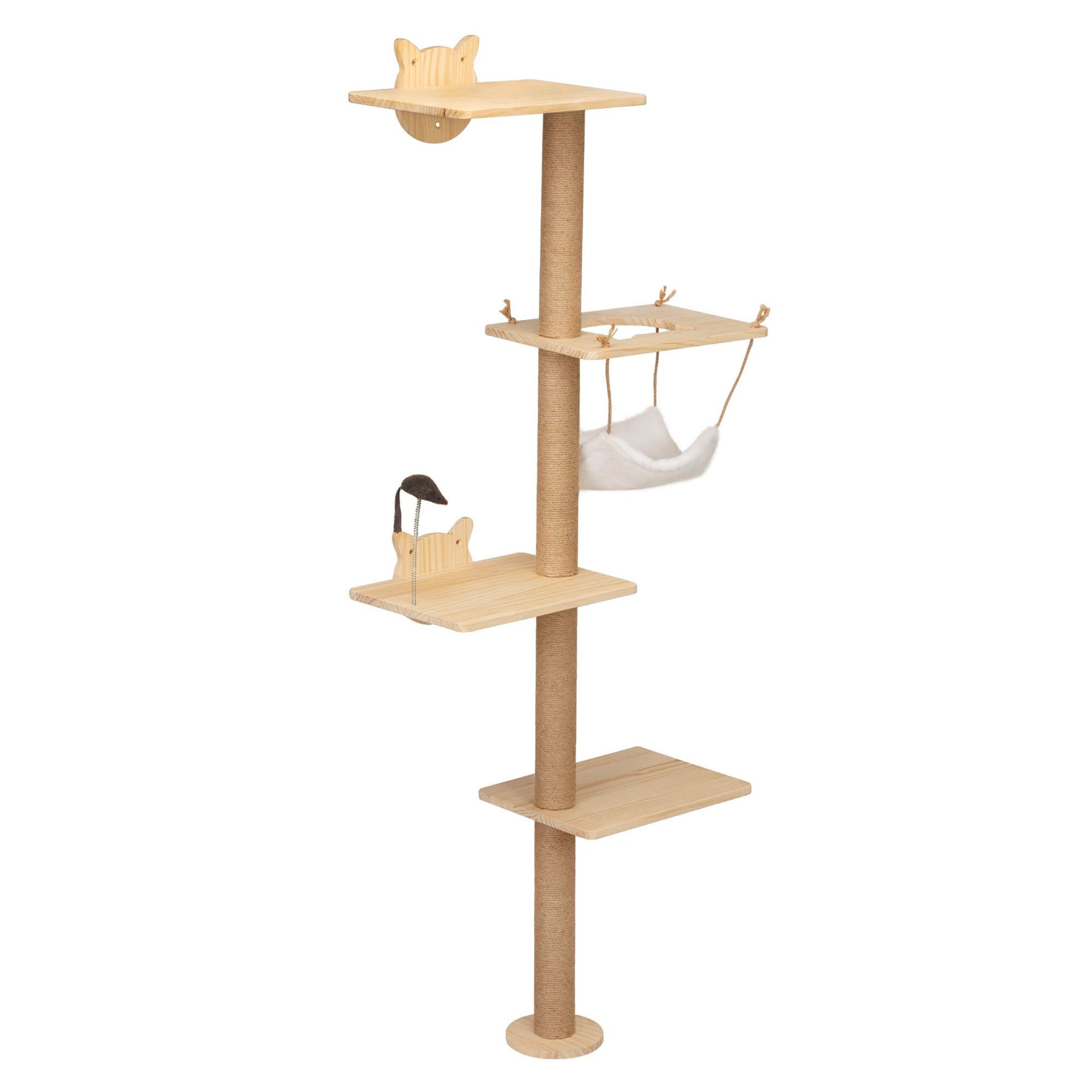Side view of the Feline Hollow Vertical Nesting Tree showing four pinewood perches, a white hanging hammock, a sisal-wrapped central pole, and a dangling spring-mounted toy—ideal for climbing, lounging, and light play.