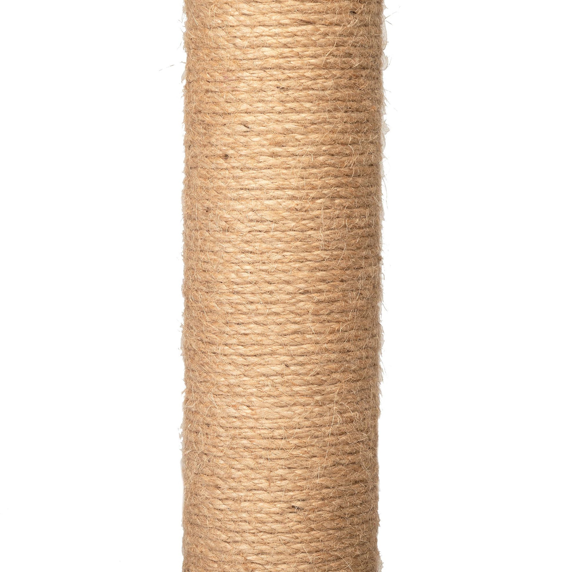 Close-up of the Feline Hollow Vertical Nesting Tree's central pole wrapped in tightly woven natural sisal rope, designed for satisfying daily clawing and blending seamlessly with wood interiors.