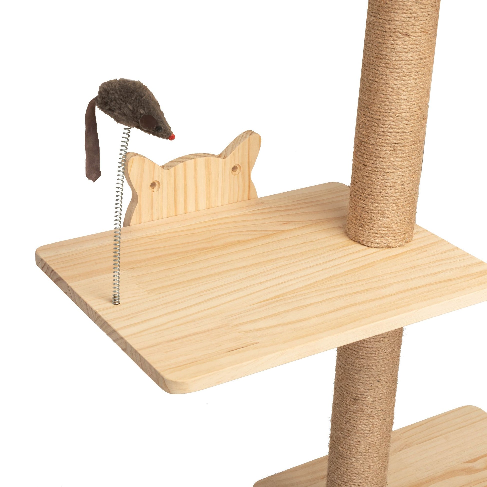 Close-up of a platform on the Feline Hollow Vertical Nesting Tree, featuring a spring-mounted mouse toy and playful cat-head shaped backing, designed to spark curiosity and encourage swatting and play.