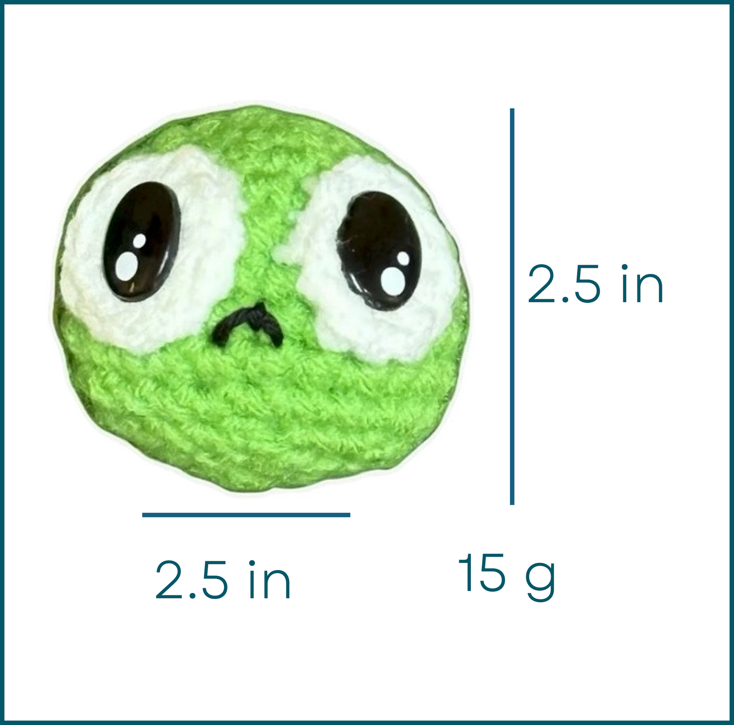 Green pea shaped Chunkle Puff plush cat toy with measurement details on a white background