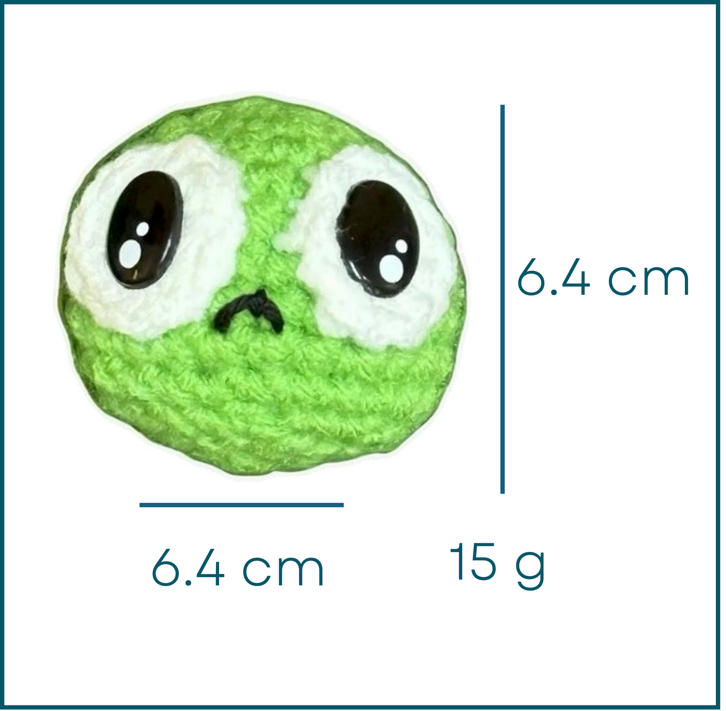 Green pea shaped Chunkle plush cat toy with large eyes and measurements on a white background