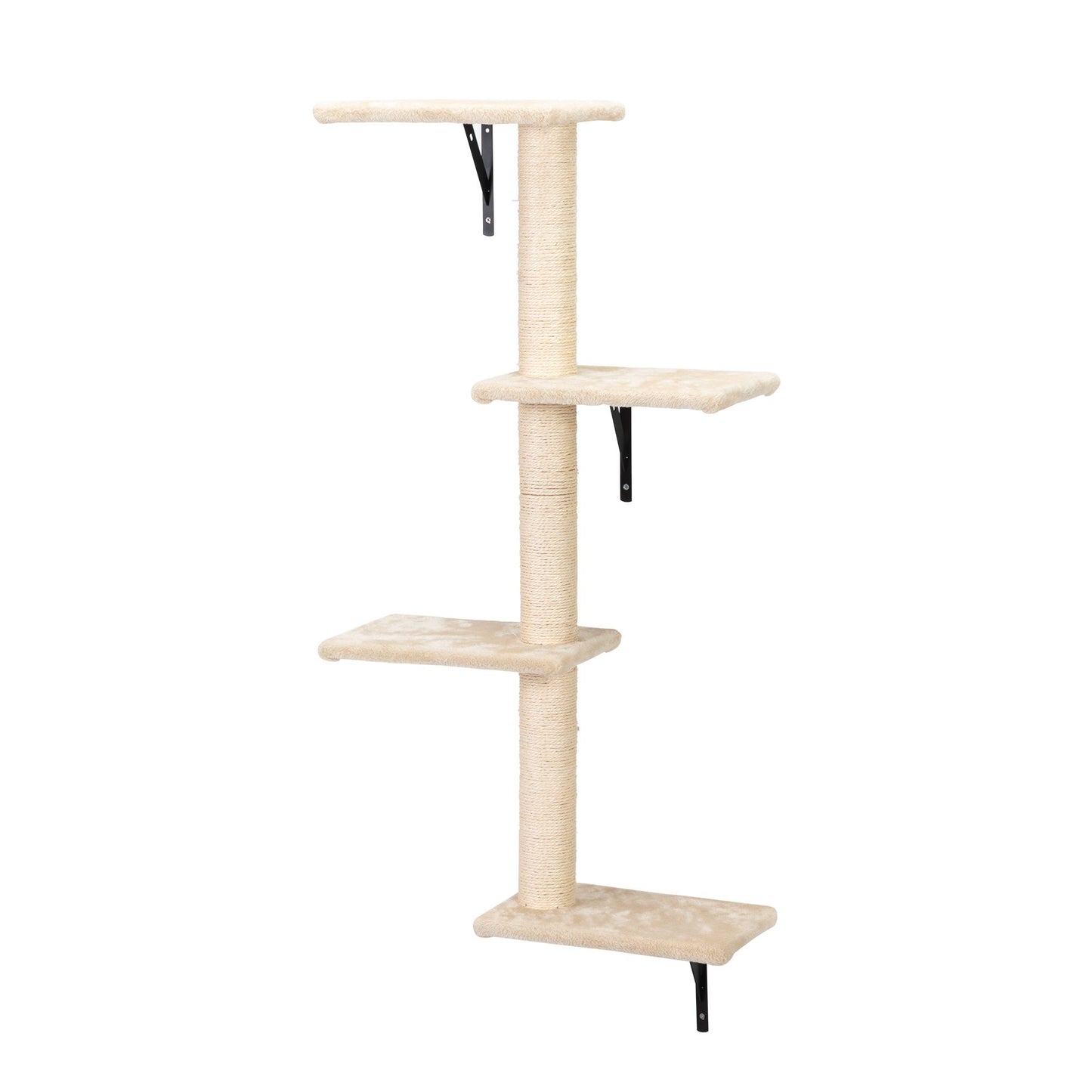 Wall-mounted vertical cat perch with four staggered platforms and a sisal-wrapped central column. Covered in soft beige fabric with black metal brackets, offering a stable, space-saving climbing path for indoor cats.