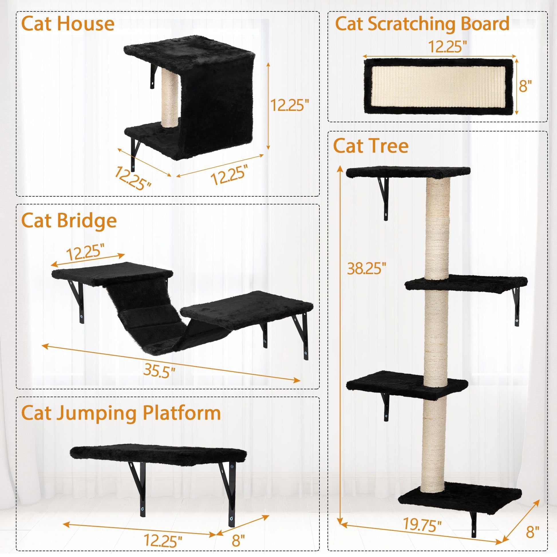 Labeled dimensions of The Grove Set in black, including the wall-mounted cubby, lounge shelf, hammock bridge, vertical cat tree, and framed sisal scratch board. Each piece is designed for elevated play in compact, graceful form.