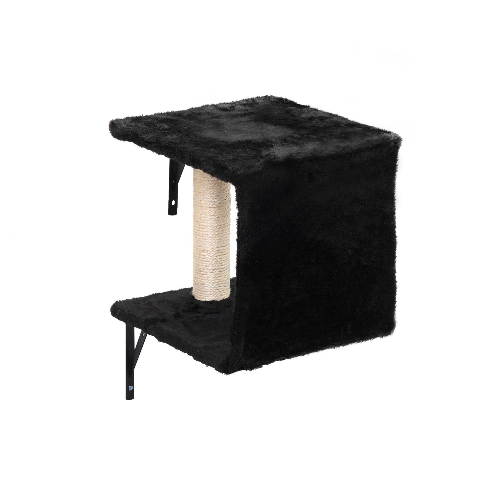 Plush black wall-mounted cubby perch from The Grove Set, featuring an open side and central sisal-wrapped post for climbing and scratching. Designed as a private nook for resting above the everyday.