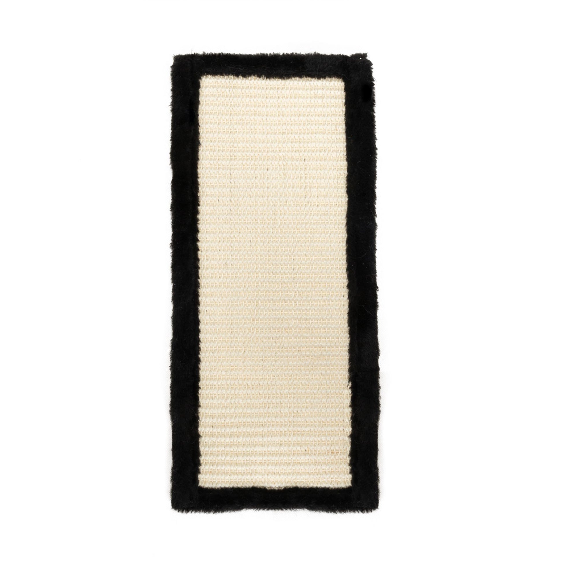 Rectangular sisal scratch mat from The Grove Set, framed in plush black fabric. Designed to mount flat on the wall, offering a satisfying surface for daily clawing in an elegant, unobtrusive form.