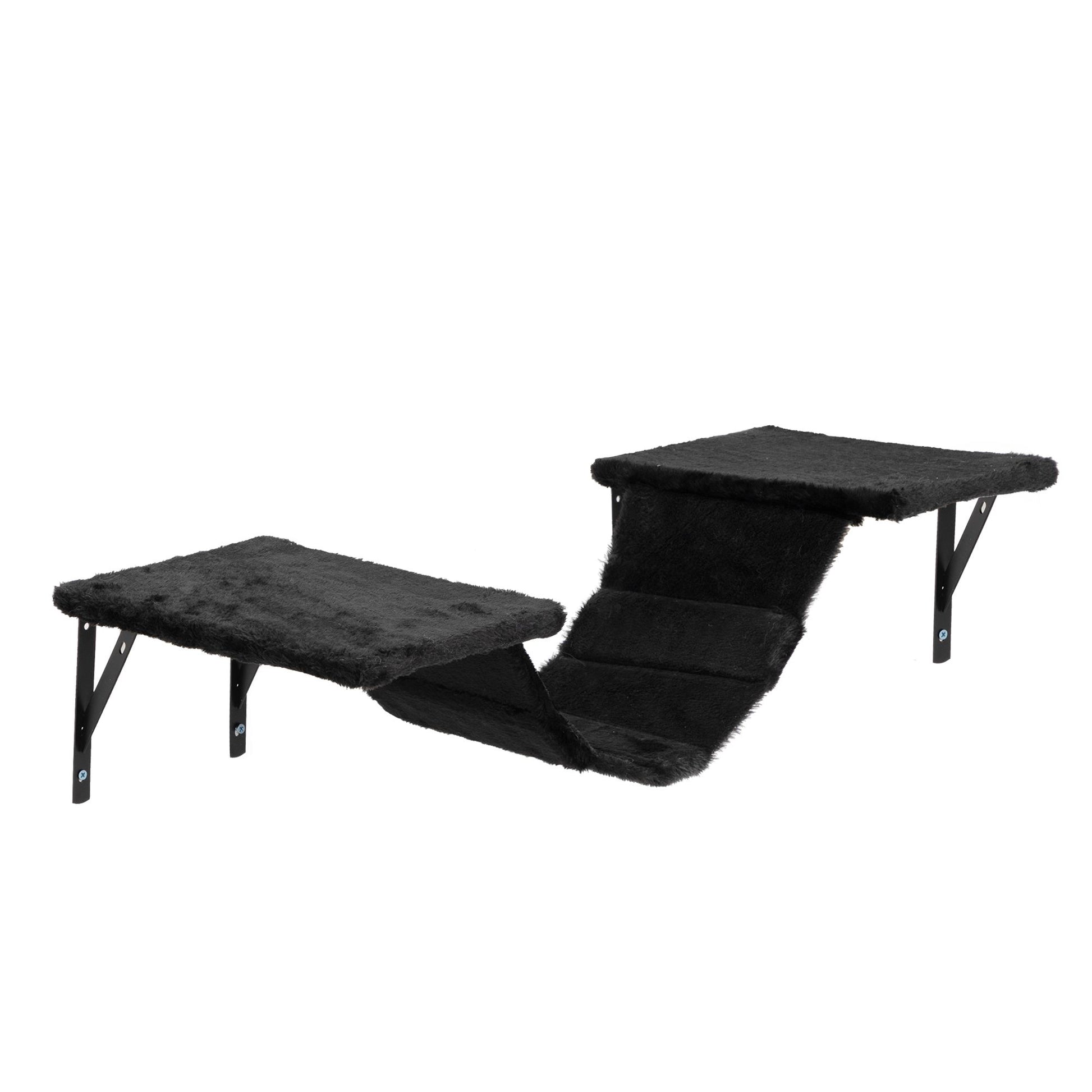 Angled view of The Grove Set’s black wall-mounted hammock bridge, suspended between two plush perches. Gently sloped and softly padded, it invites cats to traverse, stretch, or settle in midair.