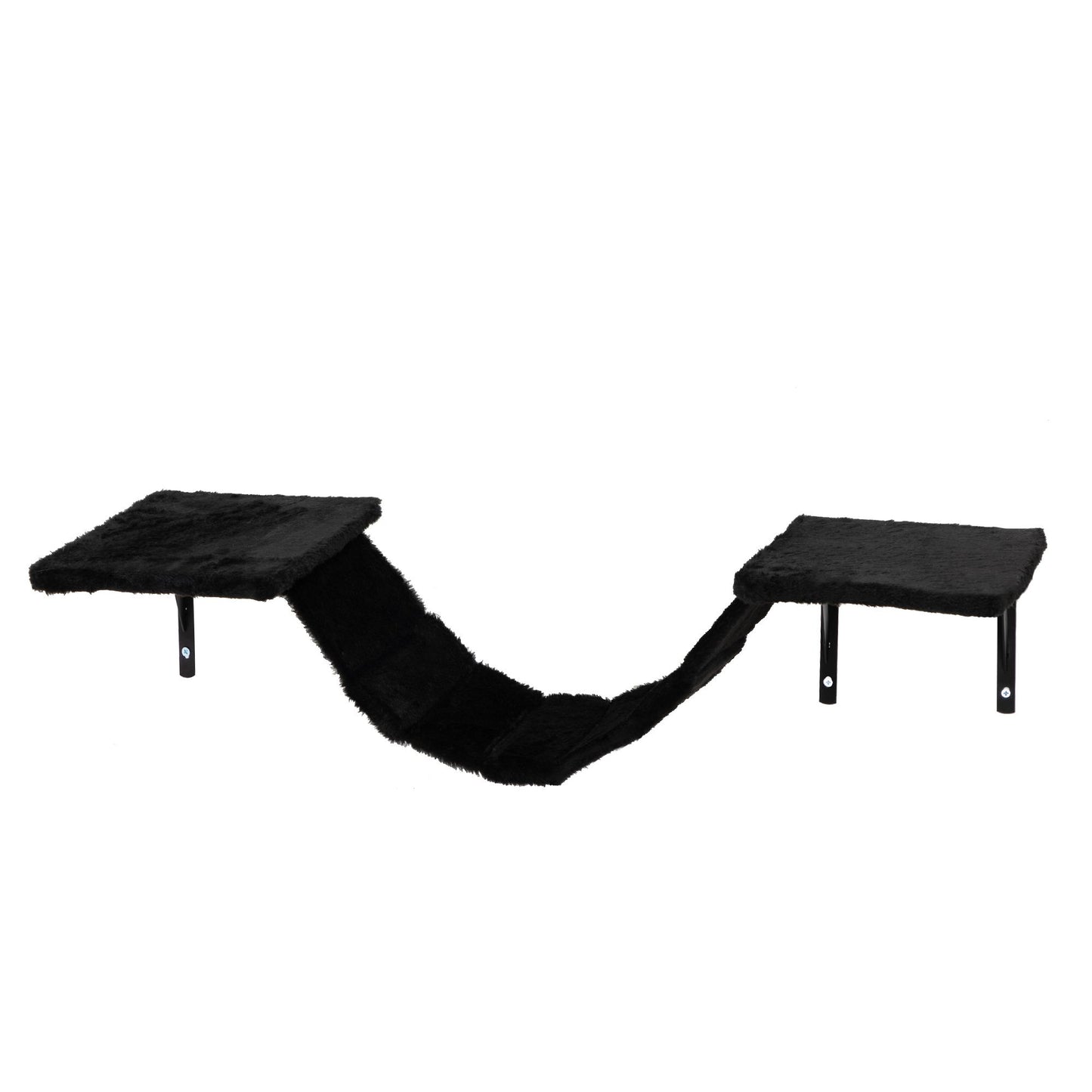 Side view of The Grove Set’s black hammock bridge with two square plush platforms connected by a soft fabric sling. A cozy, elevated pathway designed for climbing, lounging, and slow, intentional movement.