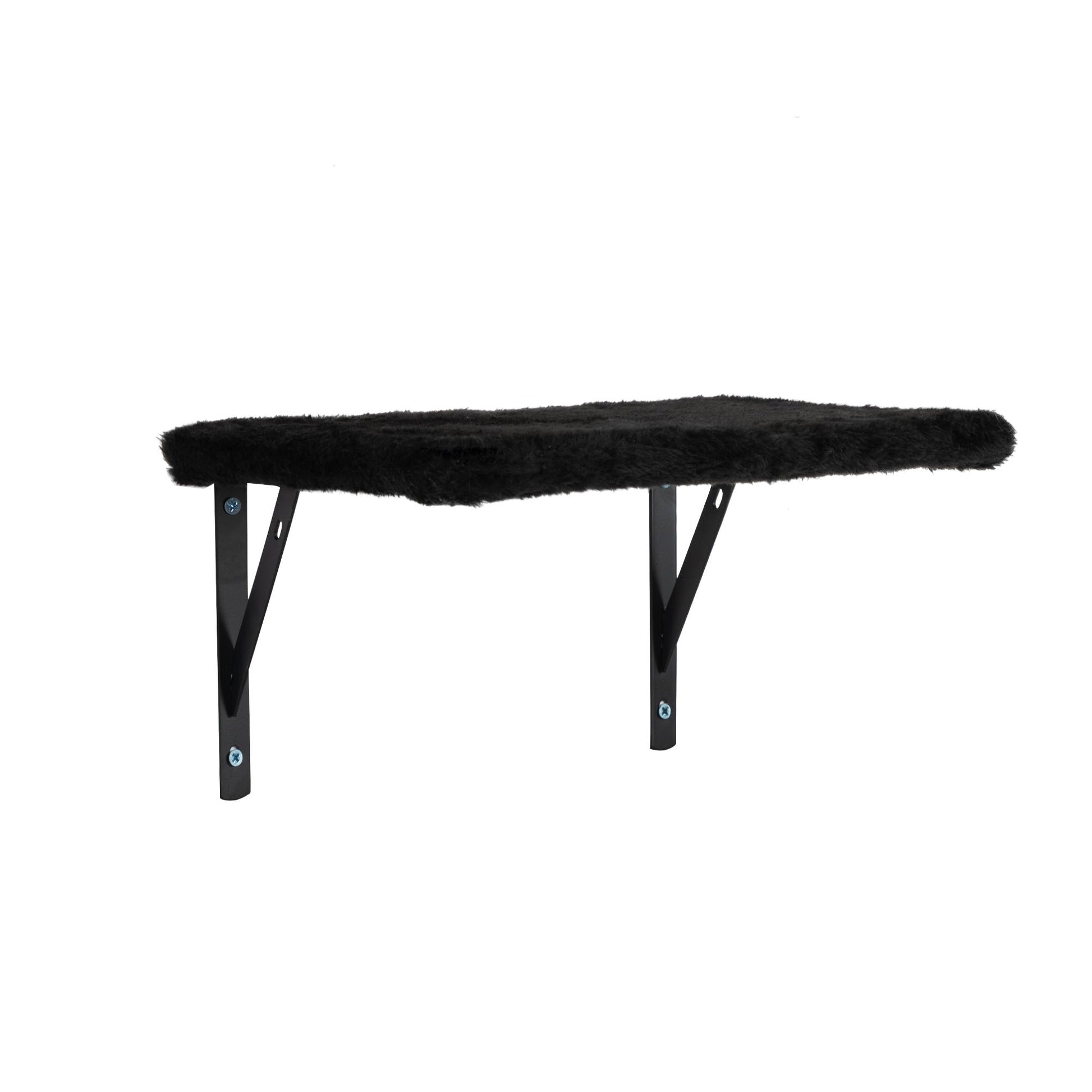 Angled view of The Grove Set’s black plush lounge shelf, supported by two sturdy black metal brackets. A simple, elevated platform offering soft rest and graceful movement between climbs.