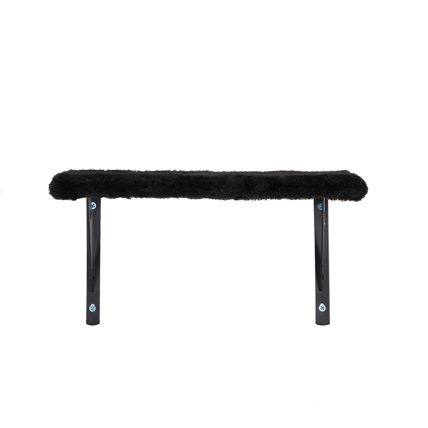 Front view of The Grove Set’s black wall-mounted lounge shelf, featuring a slim plush surface supported by two black metal brackets. A quiet resting spot for elevated pauses between climbs.