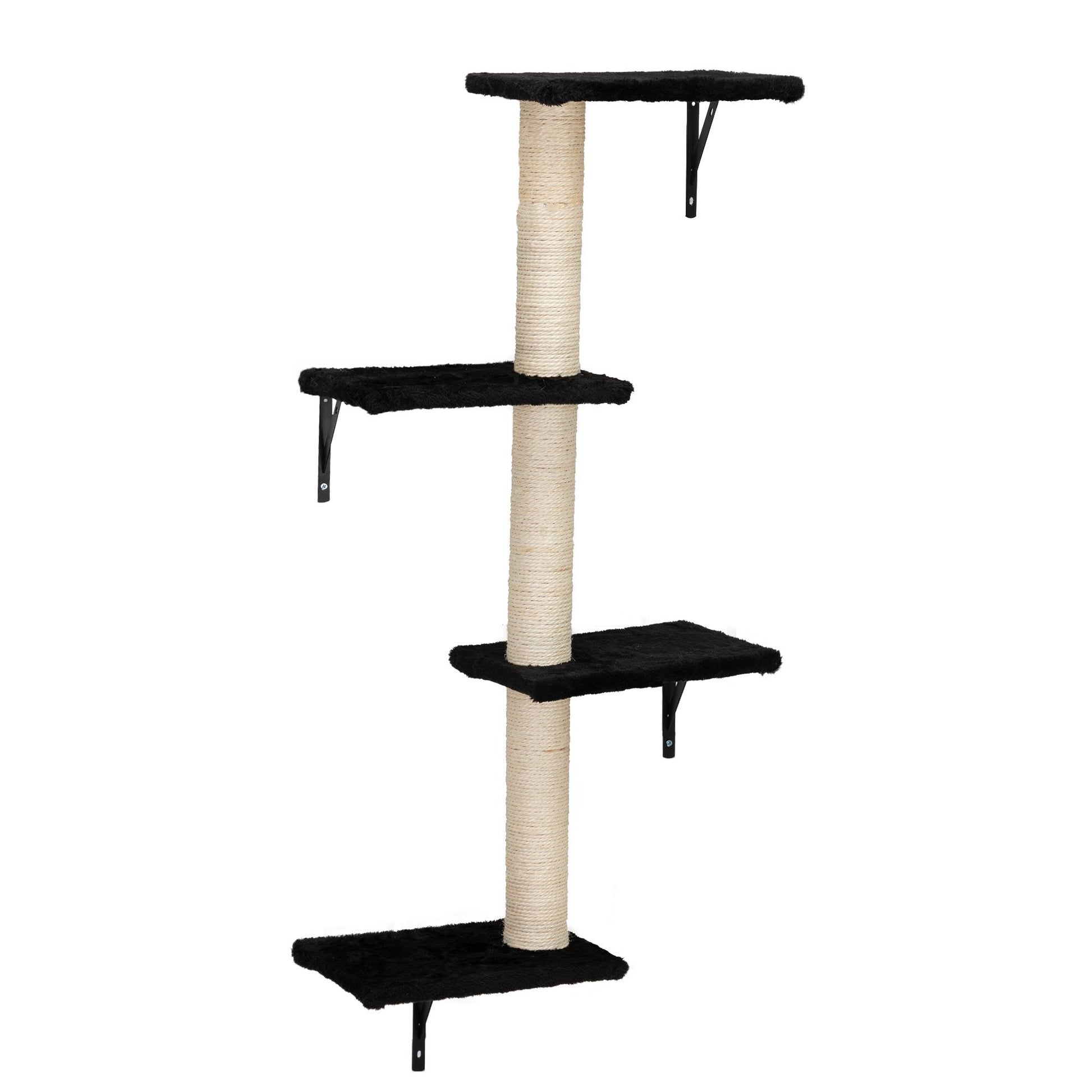 Angled view of The Grove Set’s black vertical climbing post, featuring four plush platforms staggered along a natural sisal-wrapped column. Designed to offer space-saving elevation, scratching, and restful observation.