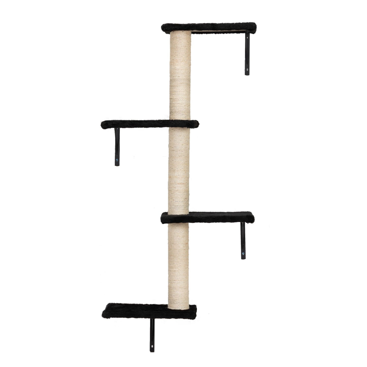 The Grove Set’s black vertical climbing post with four staggered perches and a central sisal-wrapped column. Designed to support upward movement, scratching, and elevated rest with a slim, sculptural profile.