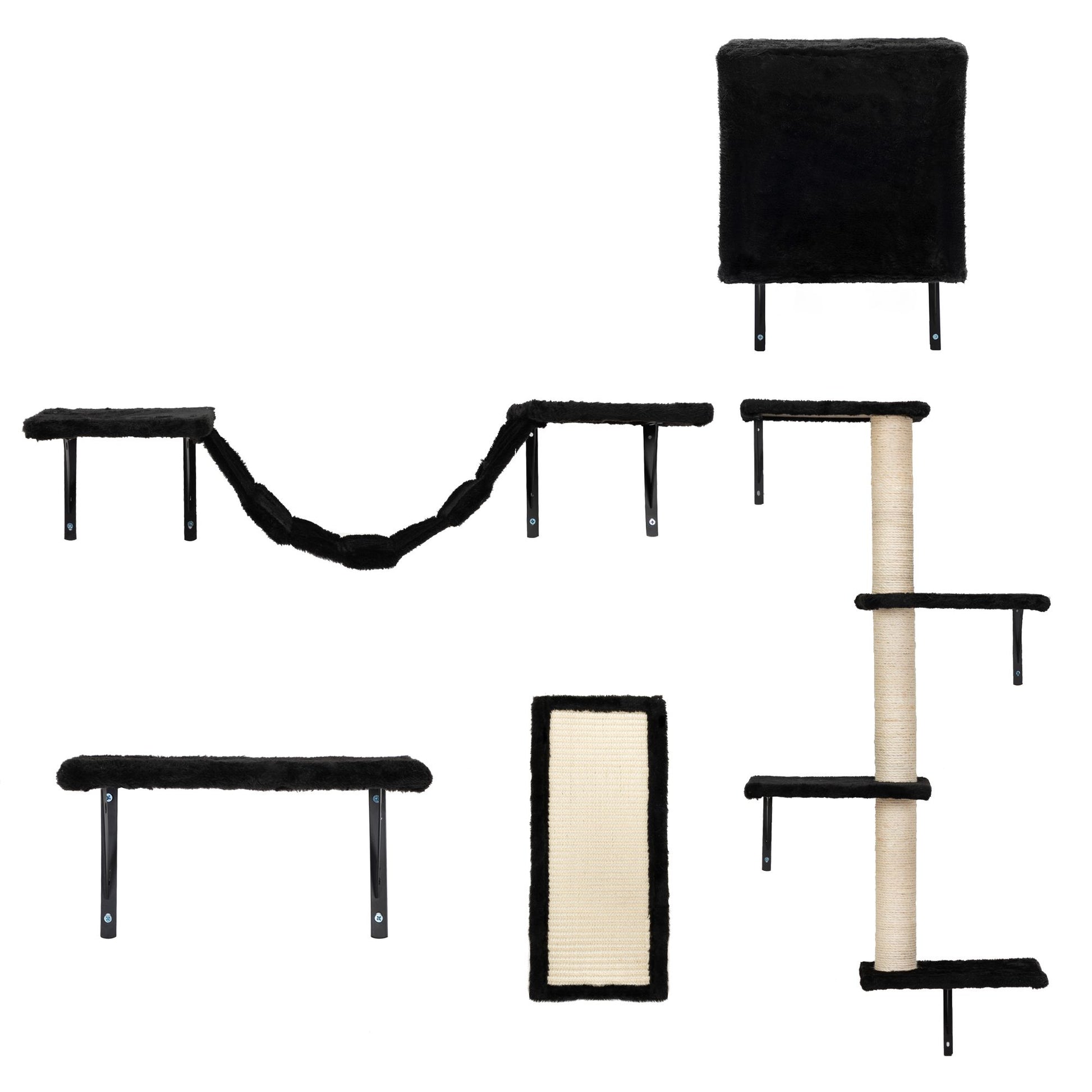 Complete layout of The Grove Set in black, featuring a vertical sisal tower with perches, wall-mounted hammock bridge, soft cubby, shelf perches, and framed scratch pad—each piece designed for elevated play and restful moments.