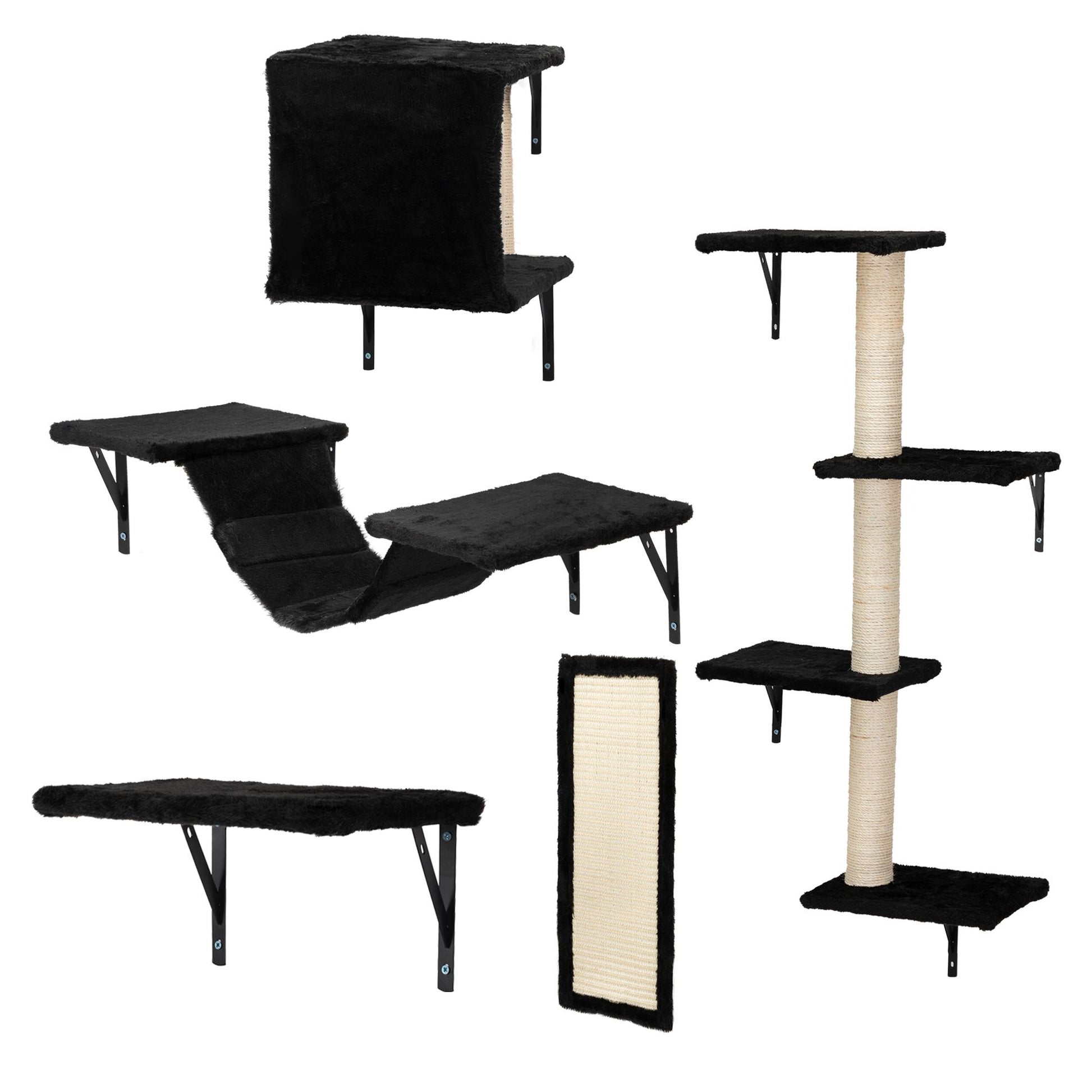 Angled view of The Grove Set in black, showing all components including a plush hammock, cubby perch, lounging shelf, framed scratch pad, and multi-level sisal tower—each designed to elevate feline movement with softness and stability.