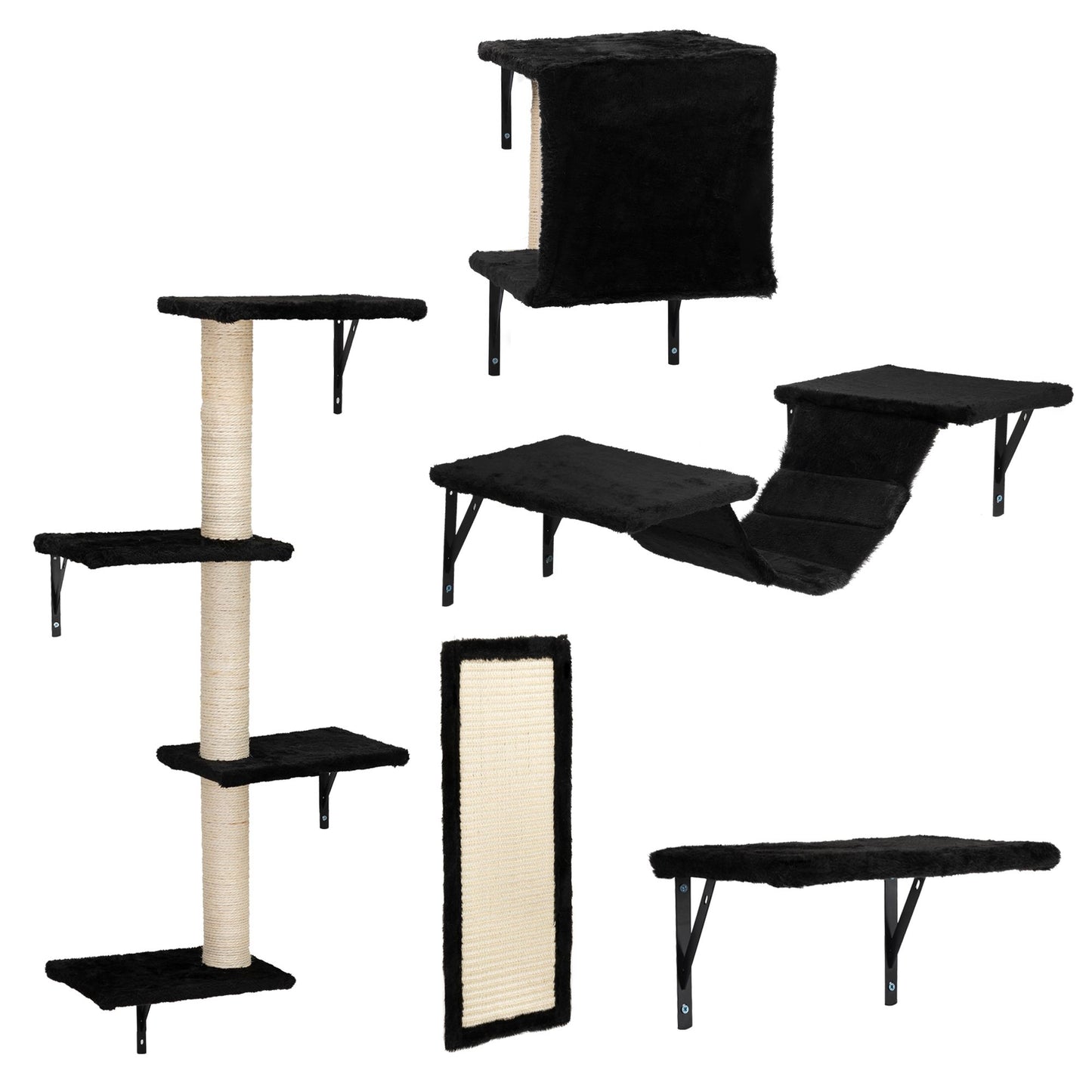 Left-side angled view of The Grove Set in black, showing all components including a plush hammock, cubby perch, lounging shelf, framed scratch pad, and multi-level sisal tower—each designed to elevate feline movement with softness and stability.