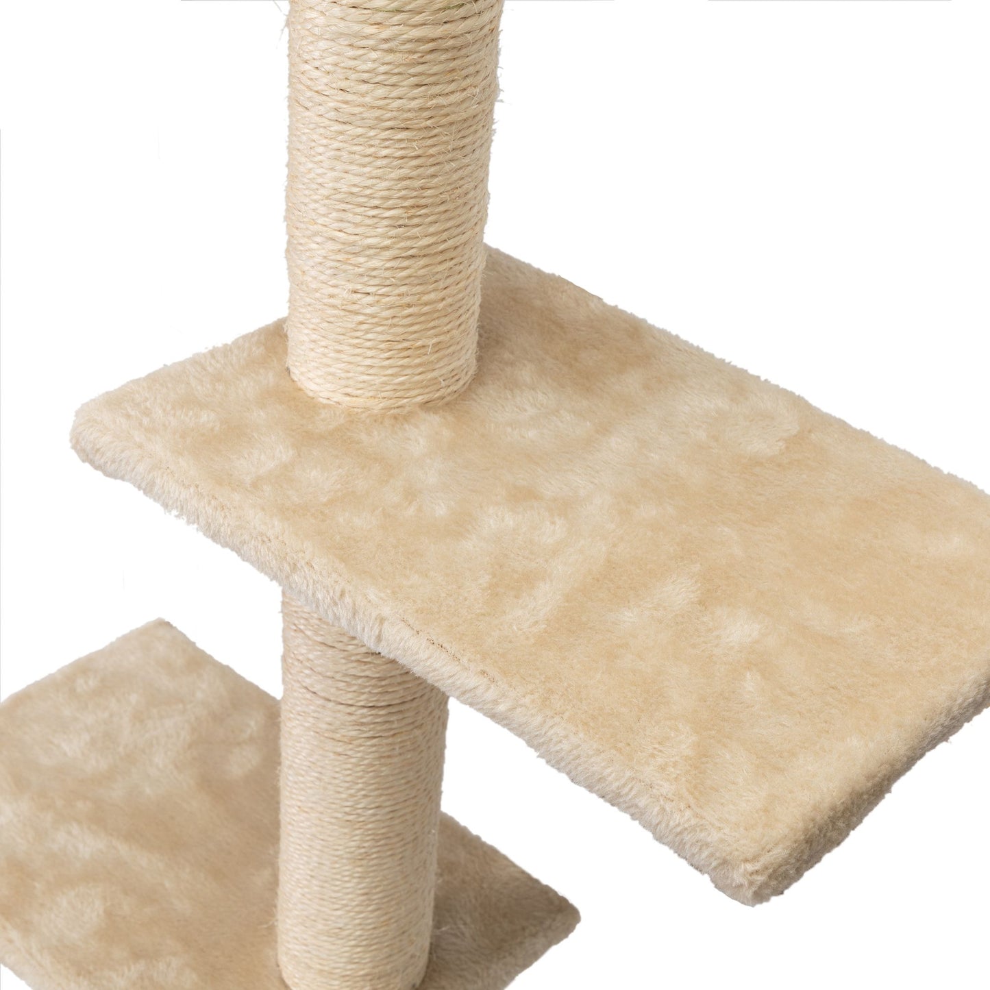 Close-up of The Grove Set’s soft beige perch and tightly wound sisal-wrapped post. The plush surface invites rest, while the natural rope encourages climbing and scratching—crafted for quiet moments and instinctive movement.