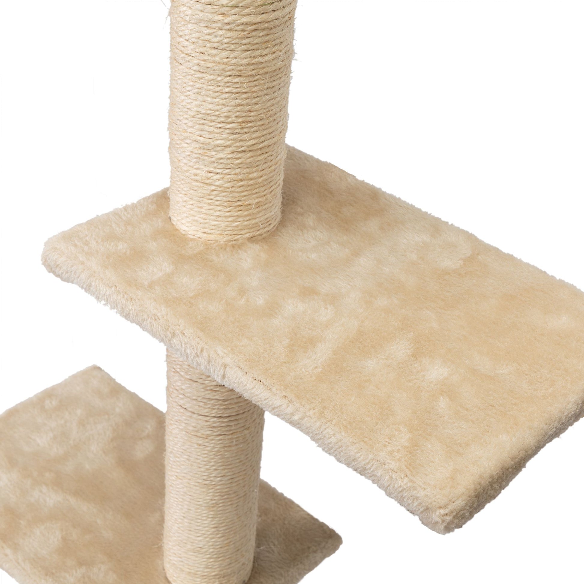 Close-up of The Grove Set’s soft beige perch and tightly wound sisal-wrapped post. The plush surface invites rest, while the natural rope encourages climbing and scratching—crafted for quiet moments and instinctive movement.